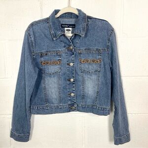 Vintage Revolt Denim Trucker Jean Jacket Cropped Embroidered Y2K Hip Hop Retro M